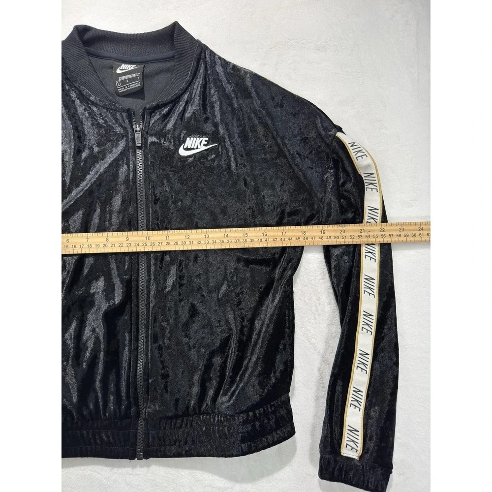 Nike Track Jacket Womens Large Black Velour Full Zip Logo Tape Sleeves Swoosh